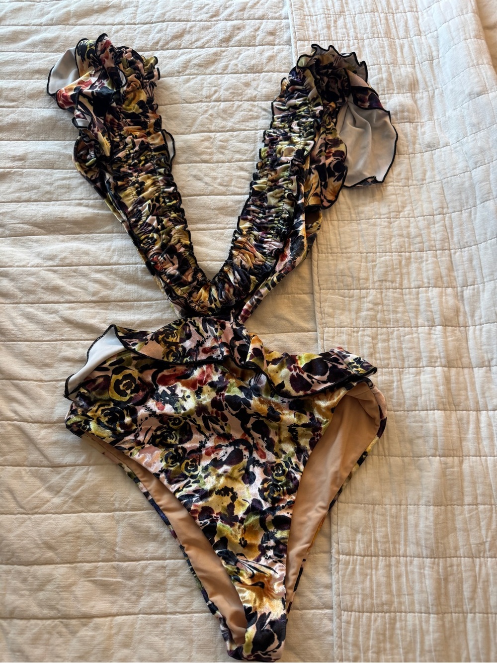 Something Navy Floral Ruffle One-Piece Swimsuit in Yellow, Black, Pink
